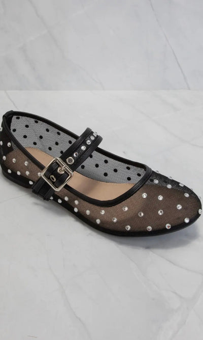TINKA EMBELLISHED MESH MARY JANE FLATS | BLACK - Shop Luna London
