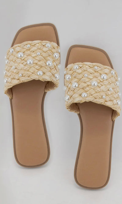 JEWEL PEARL RAFFIA WOVEN UPPER SLIDE SANDAL