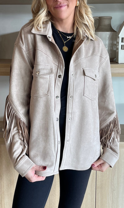 DOLLY FRINGE MOTO JACKET | BEIGE