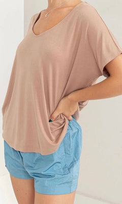 CHLOE V NECK DOLMAN SHORT SLEEVE TOP | TAN - Shop Luna London