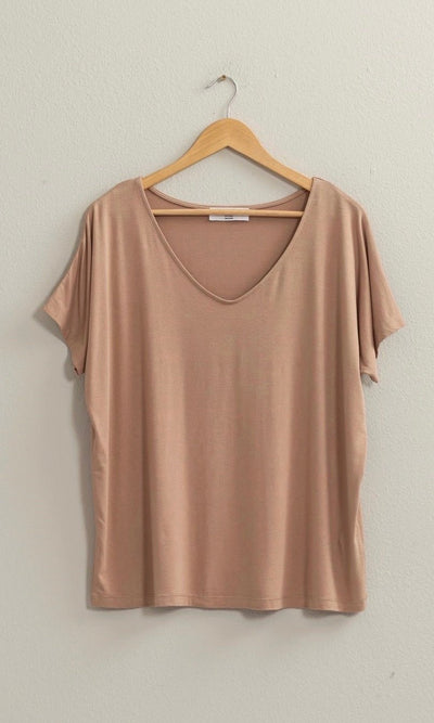 CHLOE V NECK DOLMAN SHORT SLEEVE TOP | TAN - Shop Luna London