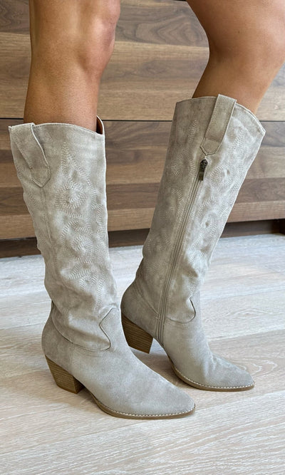 MONROE WESTERN STITCHED BOOTS | GREY SUEDE - Shop Luna London